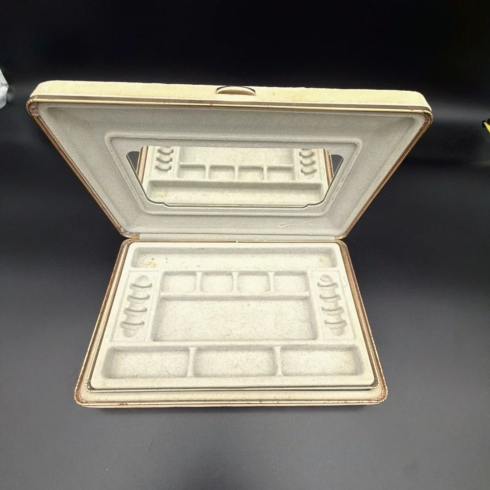 Vintage Velvet Jewelry Box Gold Tone Metal Trim Hinged Lid Mirror
